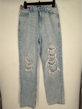 Playboy Light Wash Distressed Denim Jeans with Red Bunny Logo